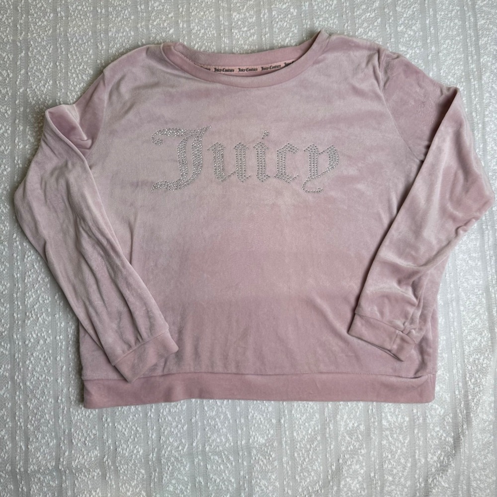 Juicy Couture Velour Pullover Sweater Pink Rhinestone Logo Crewneck Size M Y2K - Picture 2 of 16